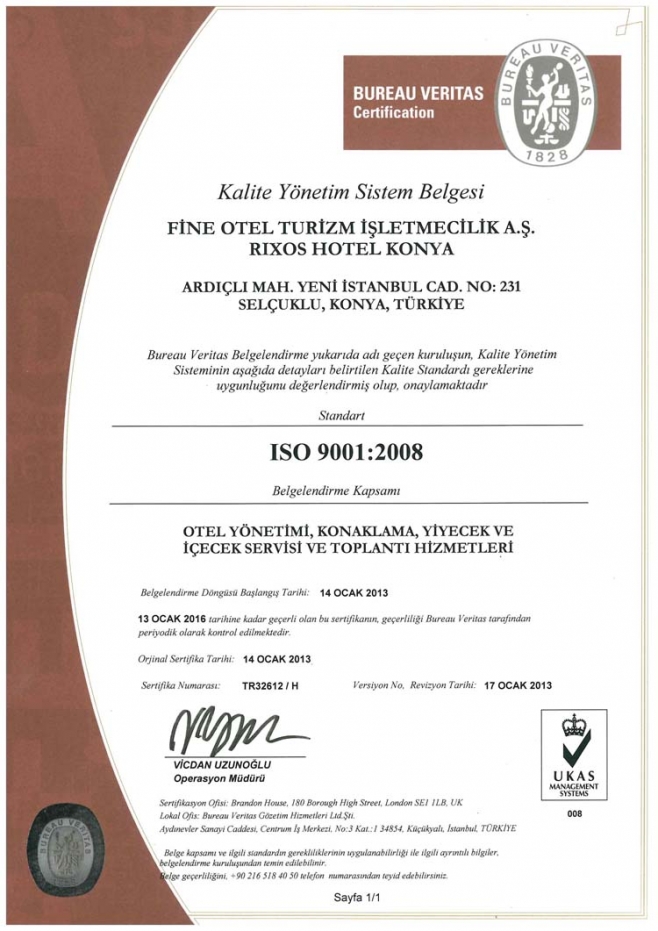 Rixos Konya’ya ISO 9001 Kalite Belgesi