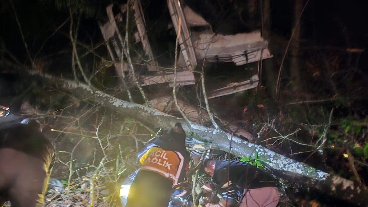 Düzce’de tomruk yüklü tır uçuruma yuvarlandı