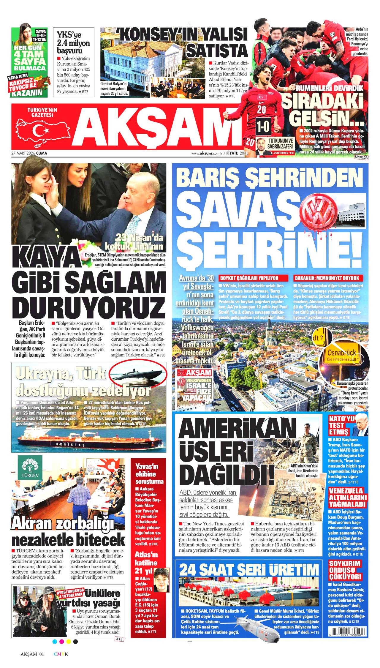 Akşam Gazetesi Gazete Manşeti