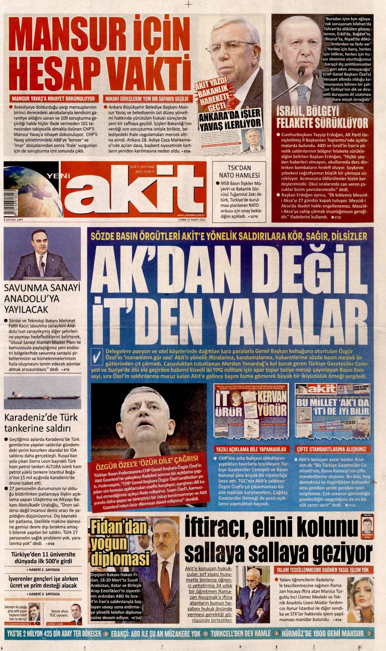 Yeni Akit Gazetesi Gazete Manşeti
